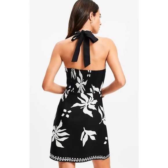 LOFT NWT Fern Linen Blend Black White Halter Lined Mini Dress Size 14 - Picture 3 of 10